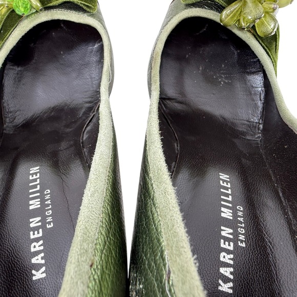 Karen Millen Green Metallic Crocodile Embossed Heels Size 37.5 US 6.5 Velvet Bow - Picture 6 of 11